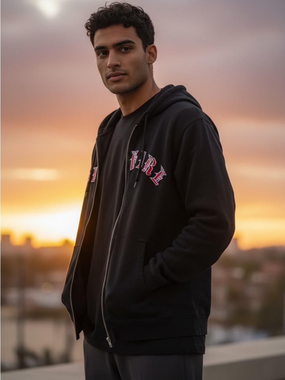 Men's Black Zip-Up Hoodie with Pink Lettering